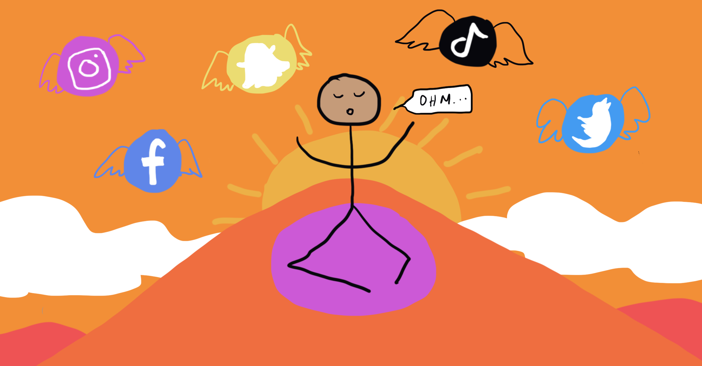 A stick figure meditates on a mountaintop. Around its head, the logos of various social media platforms are floating in the air.