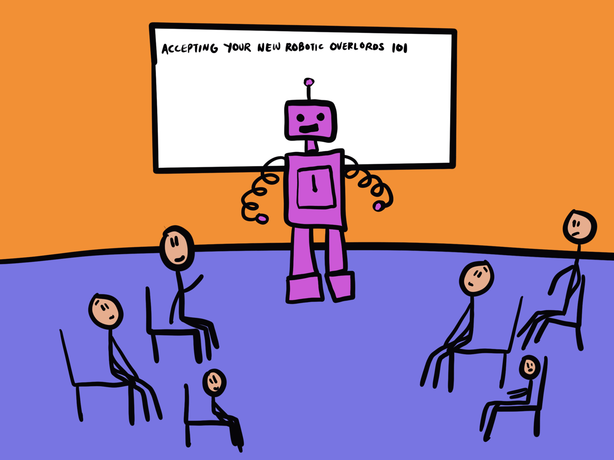 A pink robot standing in front of a class of human students.