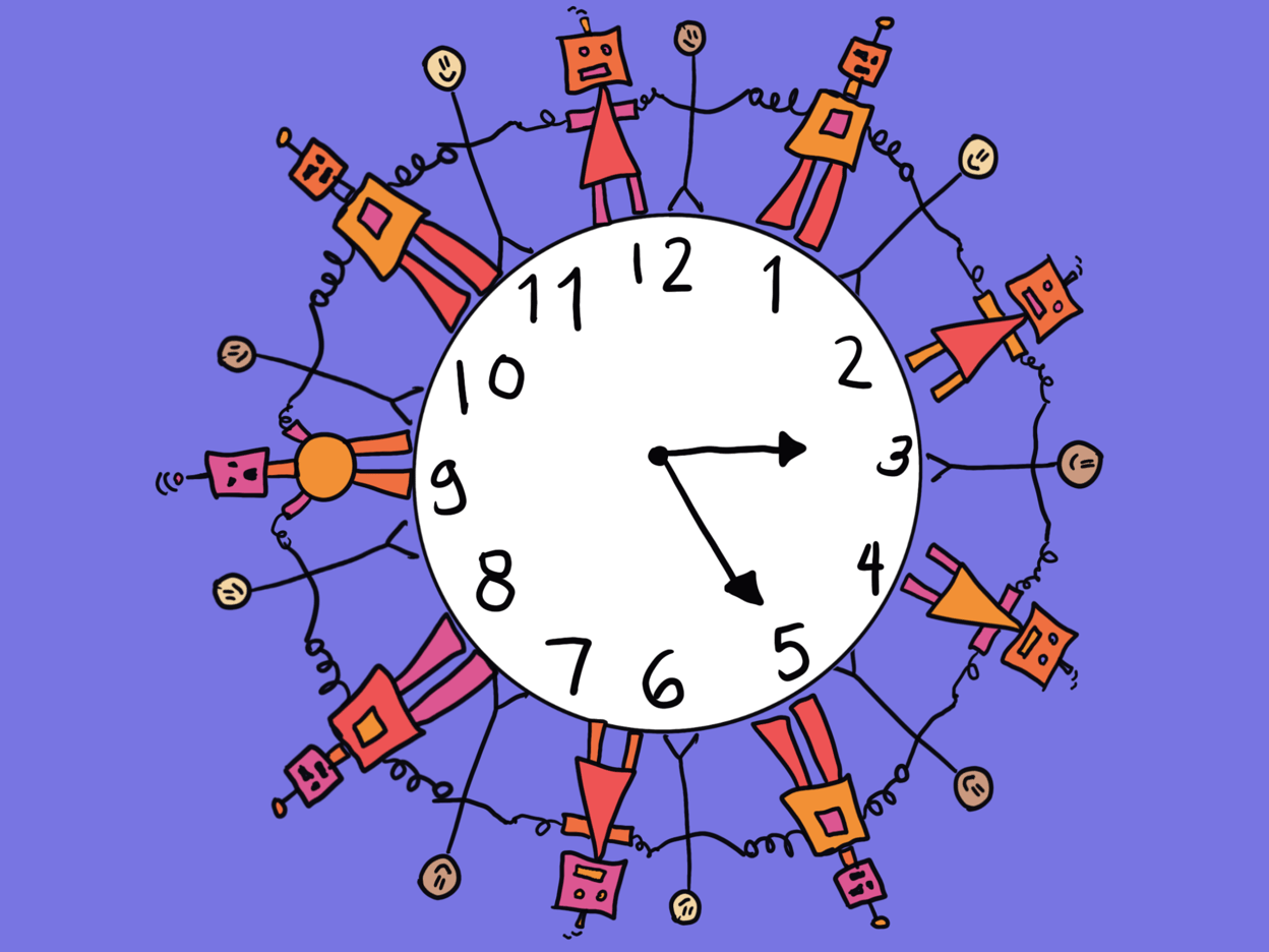 Humans and robots circle a clock hand-in-hand